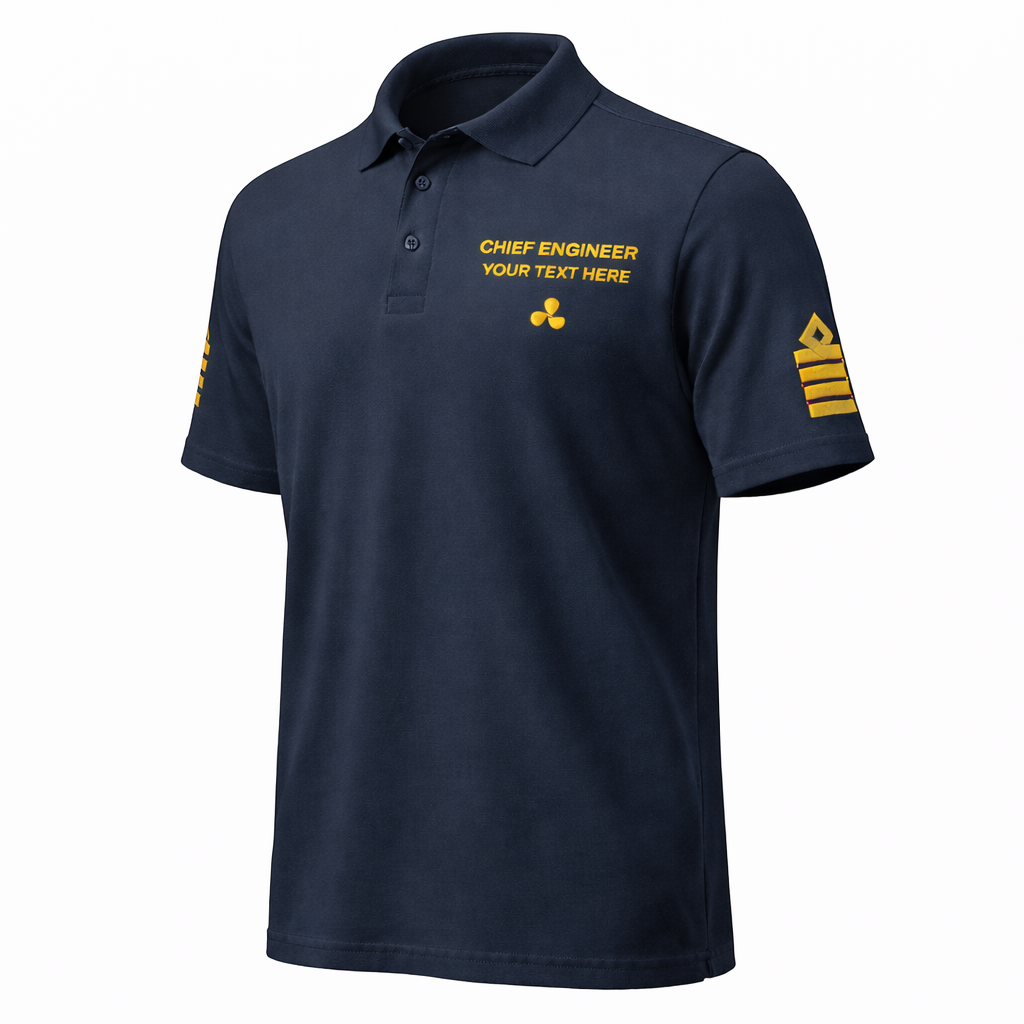 Poloshirt für die Uniform des Chefingenieurs mit personalisierter Stickerei.