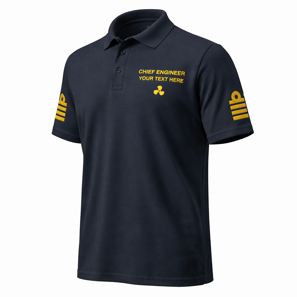 Poloshirt für die Uniform des Chefingenieurs mit personalisierter Stickerei.