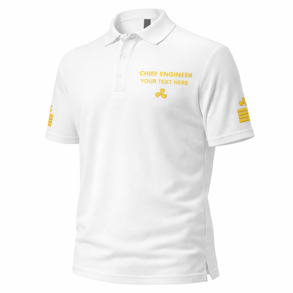 Poloshirt für die Uniform des Chefingenieurs mit personalisierter Stickerei.