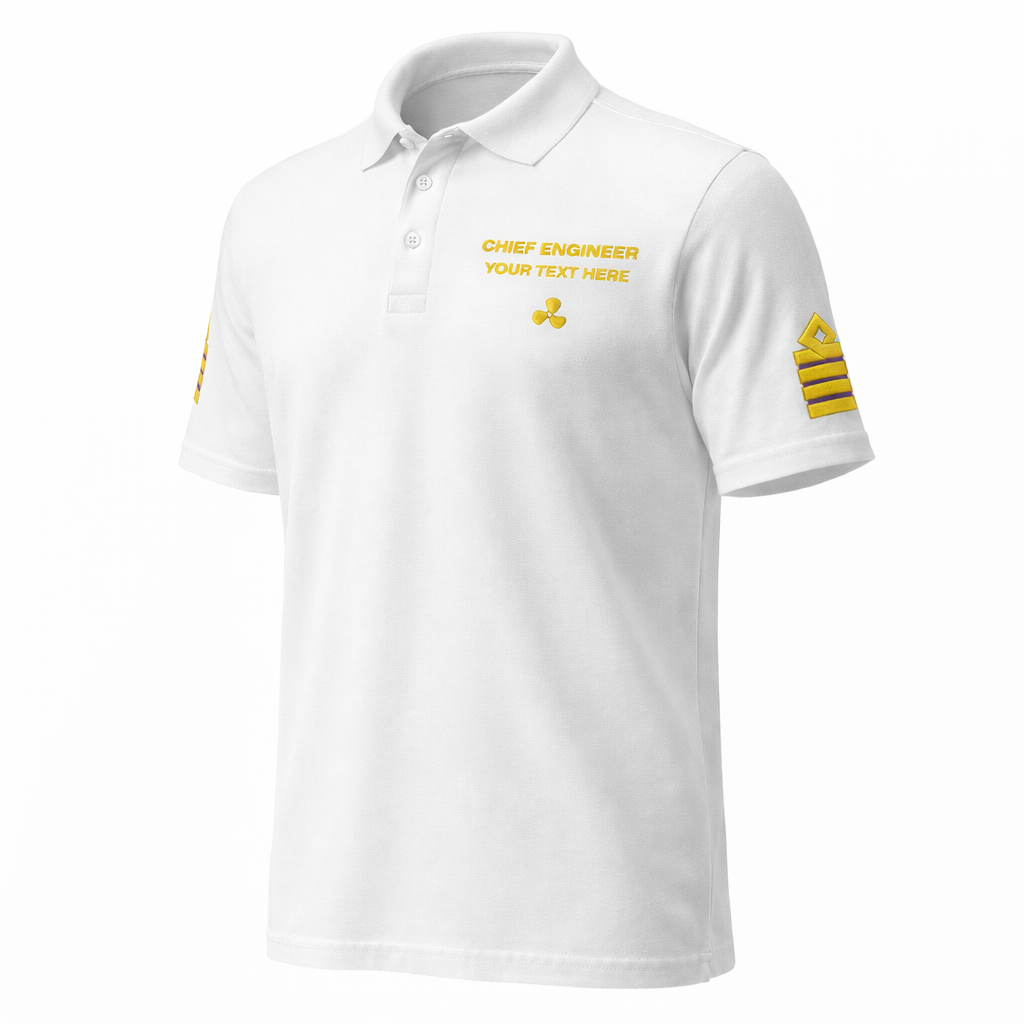 Poloshirt für die Uniform des Chefingenieurs mit personalisierter Stickerei.