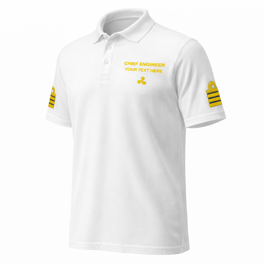 Poloshirt für die Uniform des Chefingenieurs mit personalisierter Stickerei.