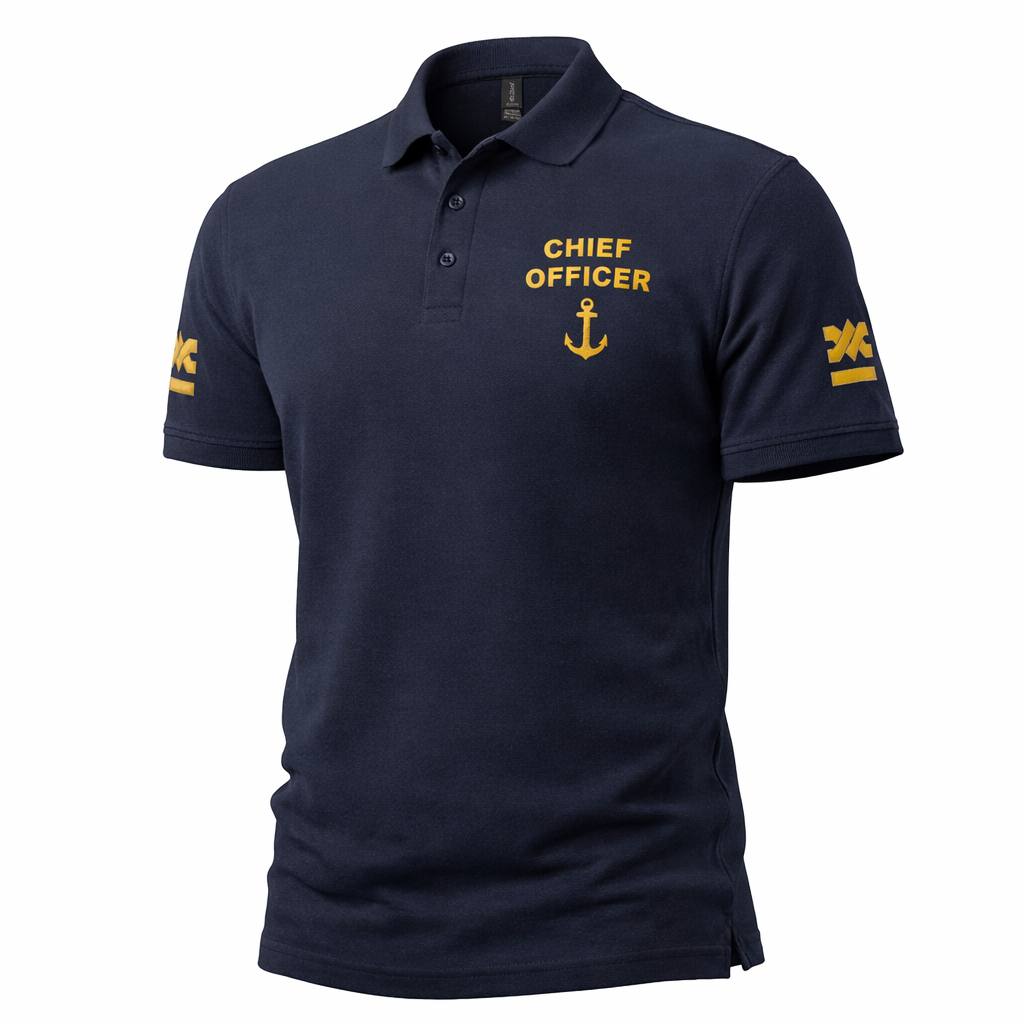 Poloshirt für die Chief Officer-Uniform mit Stickereien auf der linken Brust und den Ärmeln