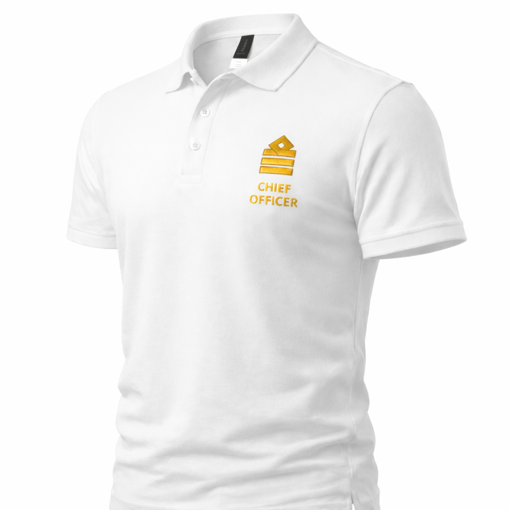 Polo de uniforme de oficial jefe con bordado en el pecho izquierdo.