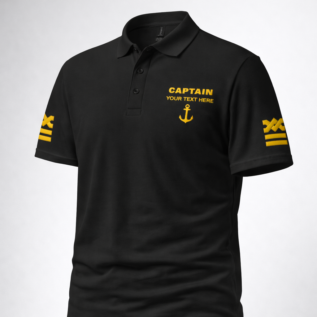 Captain Polo Shirt with Embroidered Epaulettes and Custom Rank Text