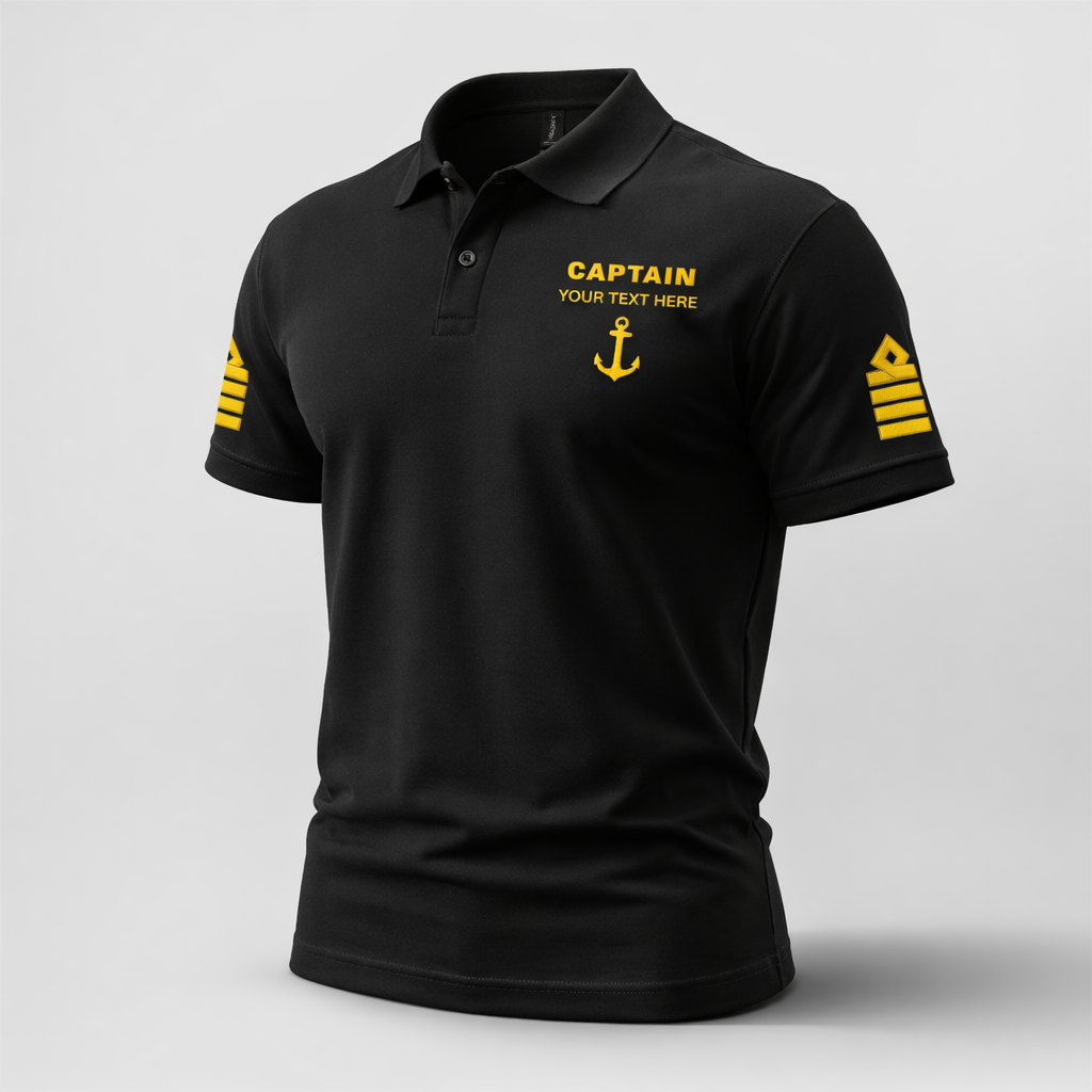 Captain Polo Shirt with Embroidered Epaulettes and Custom Rank Text