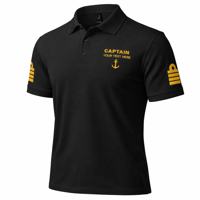Captain Polo Shirt with Embroidered Epaulettes and Custom Rank Text