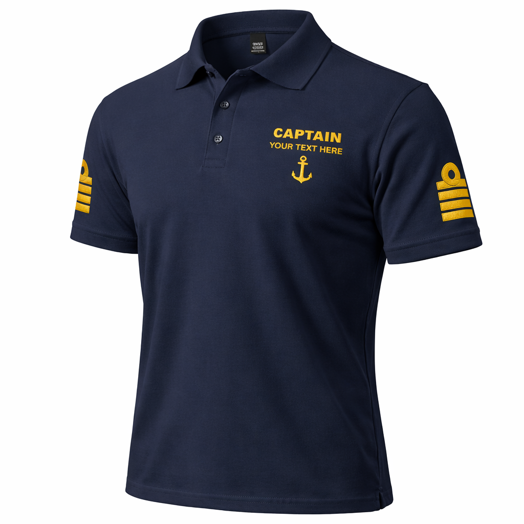 Captain Polo Shirt with Embroidered Epaulettes and Custom Rank Text