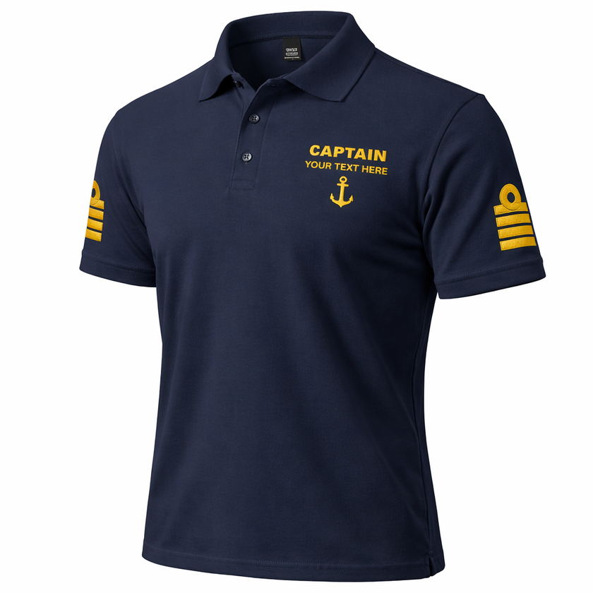 Captain Polo Shirt with Embroidered Epaulettes and Custom Rank Text