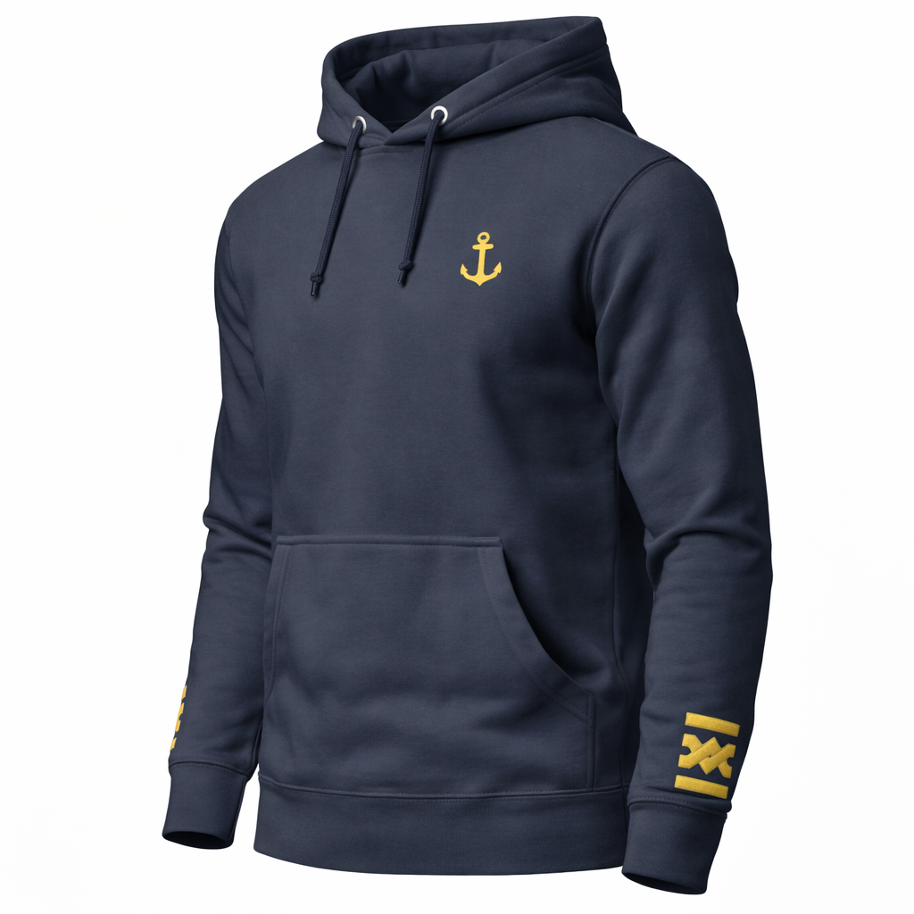Kapuzenpullover in Kapitänsuniform.