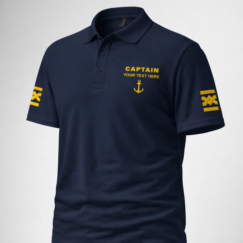 Captain Polo Shirt with Embroidered Epaulettes and Custom Rank Text