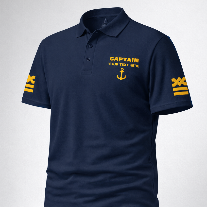 Captain Polo Shirt with Embroidered Epaulettes and Custom Rank Text