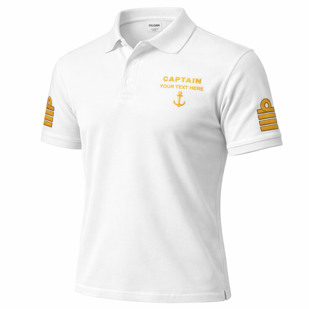 Captain Polo Shirt with Embroidered Epaulettes and Custom Rank Text