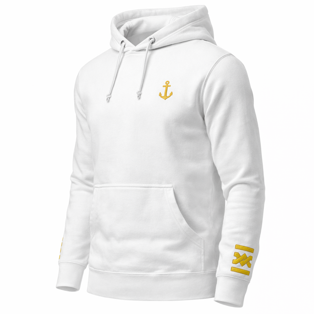 Kapuzenpullover in Kapitänsuniform.