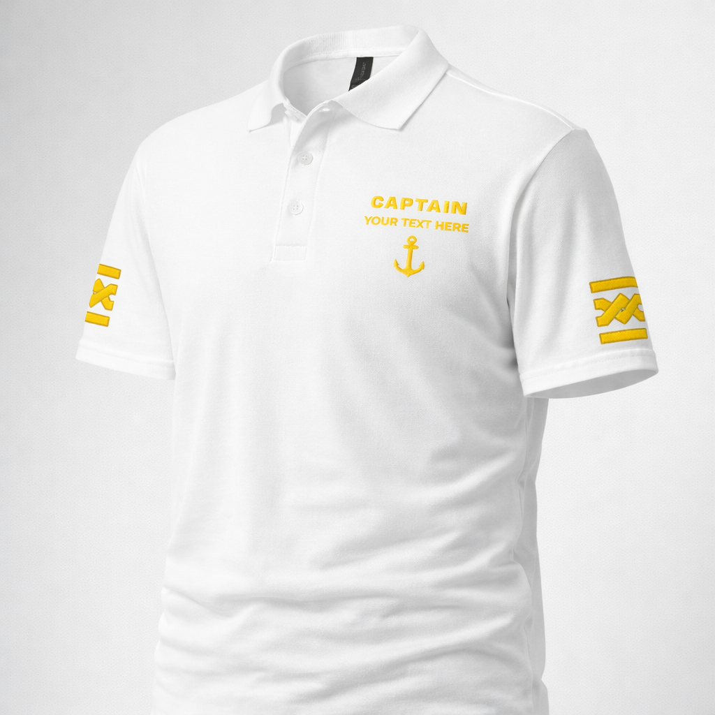 Captain Polo Shirt with Embroidered Epaulettes and Custom Rank Text