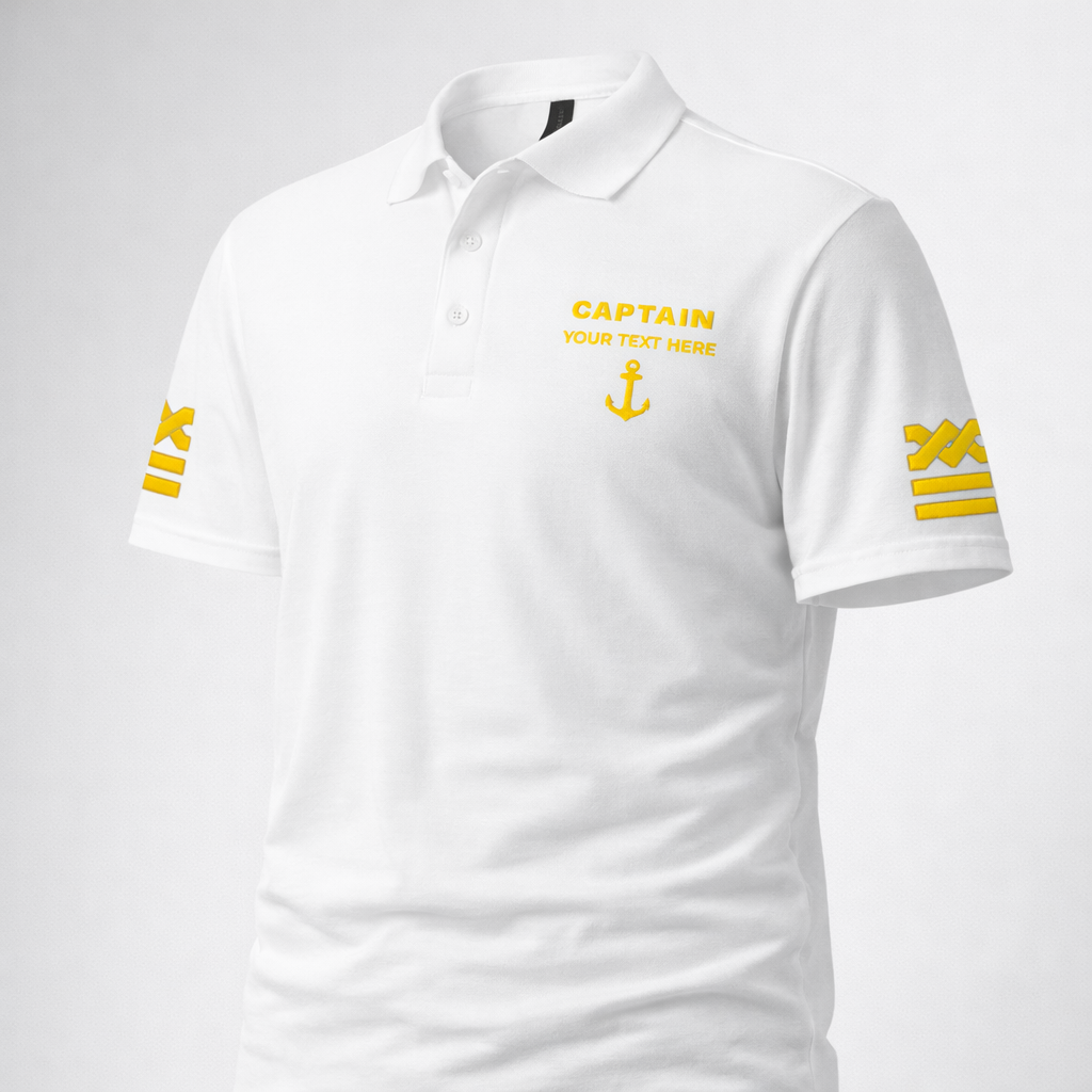 Captain Polo Shirt with Embroidered Epaulettes and Custom Rank Text