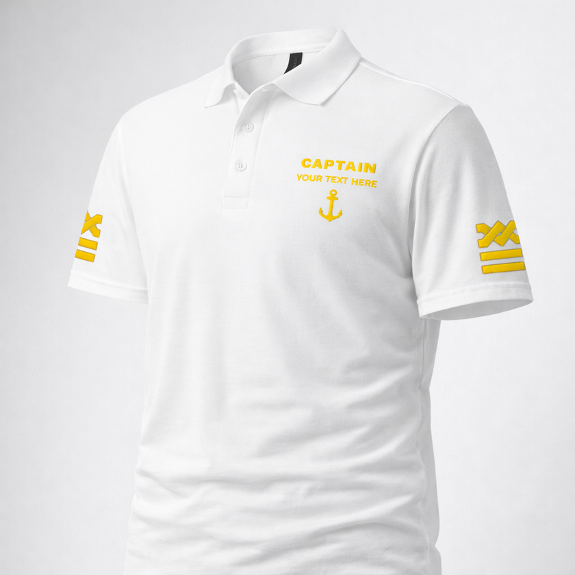 Captain Polo Shirt with Embroidered Epaulettes and Custom Rank Text