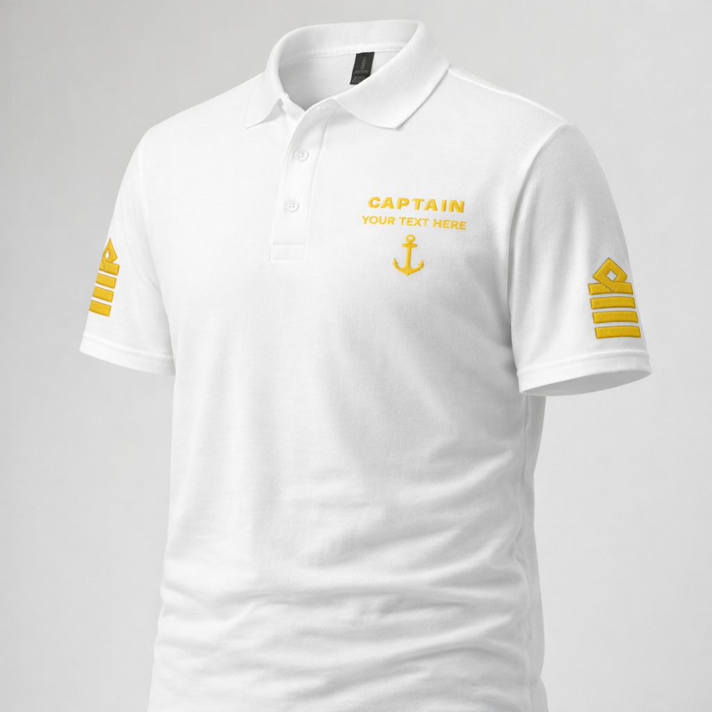 Captain Polo Shirt with Embroidered Epaulettes and Custom Rank Text