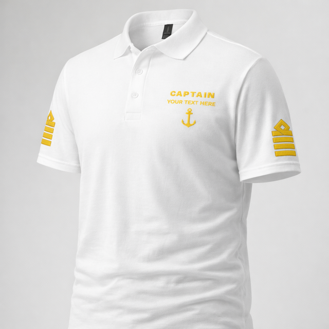 Captain Polo Shirt with Embroidered Epaulettes and Custom Rank Text