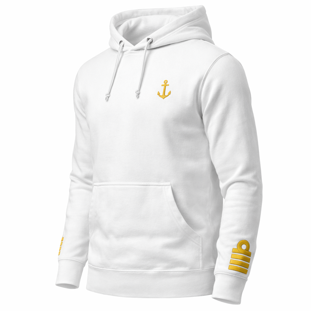 Kapuzenpullover in Kapitänsuniform.