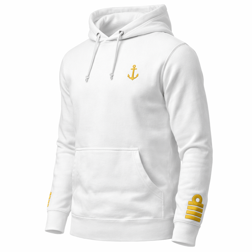 Kapuzenpullover in Kapitänsuniform.