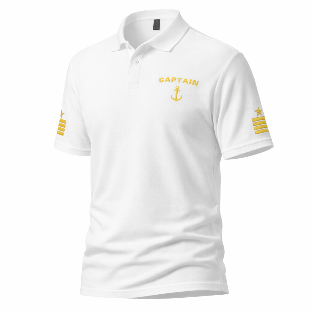 Poloshirt der Kapitänsuniform mit Stickereien auf der linken Brust und den Ärmeln.