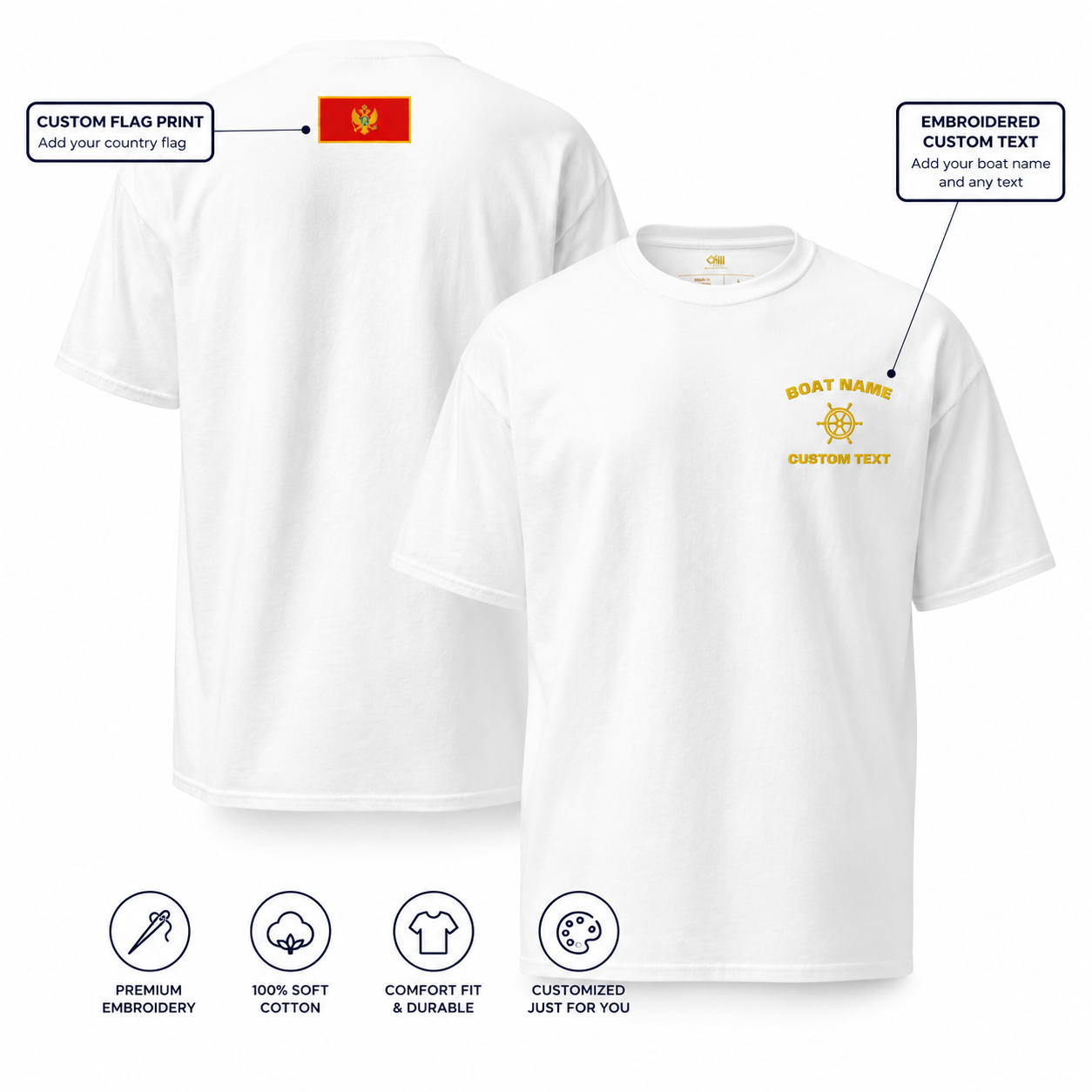 Personalized Boat Name T-Shirt with Custom Country Flag – Nautical Crew Shirt