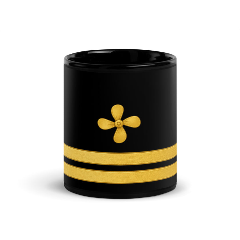 Merchant navy mug with propeller and two stripes design in glossy black