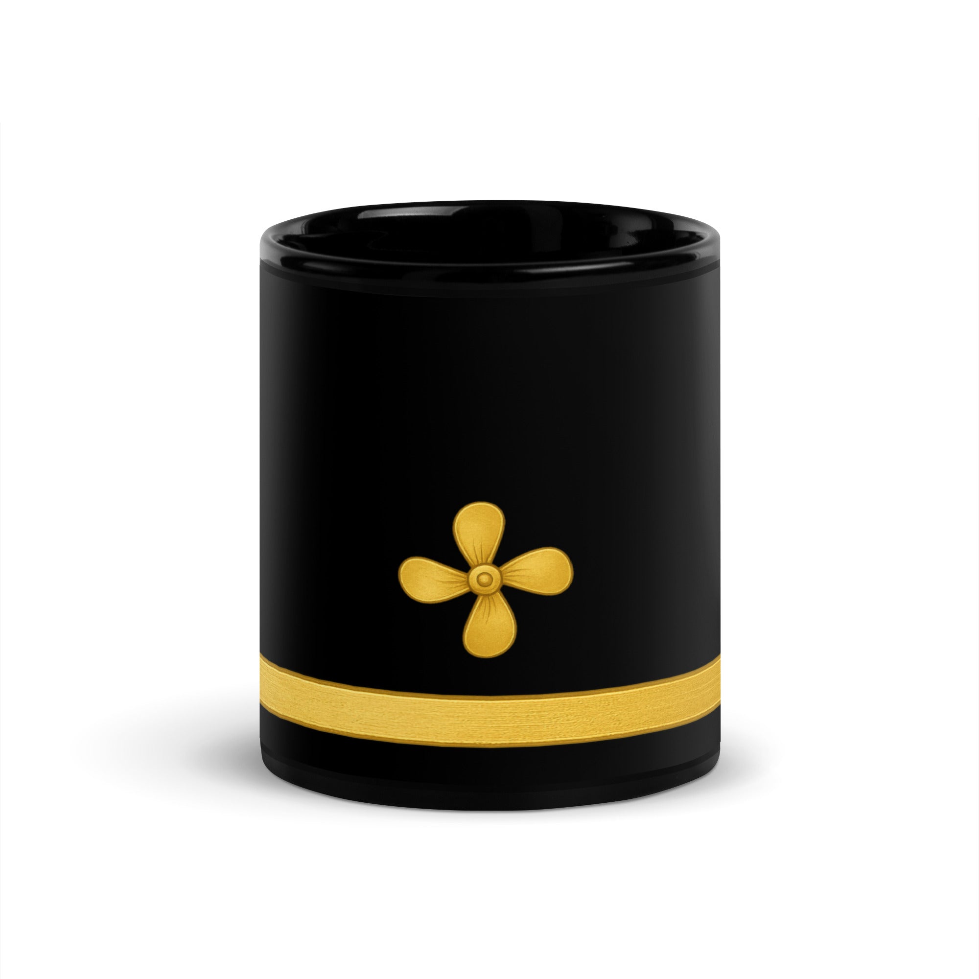 Merchant navy mug with propeller and one stripe design in glossy black