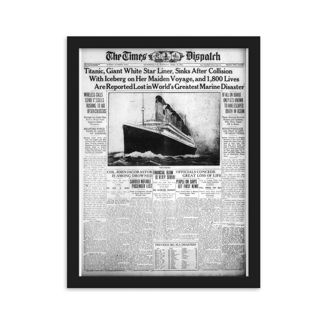 RMS Titanic Vintage Newspaper Framed Poster. Size 30x40 cm