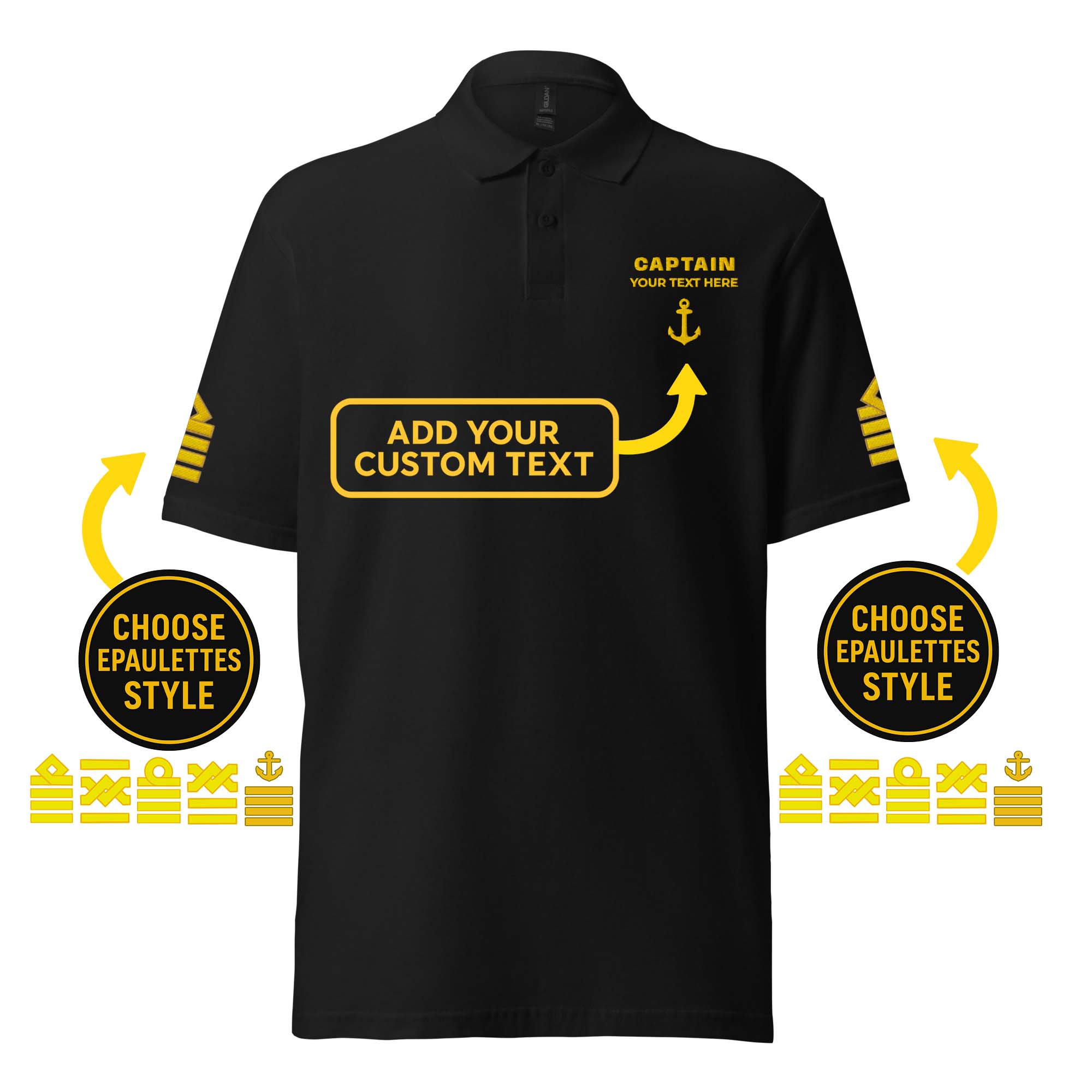 Captain Polo Shirt with Embroidered Epaulettes & Custom Rank Text