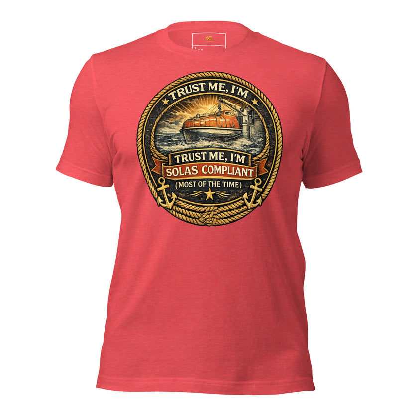 Trust Me I’m SOLAS Compliant vintage maritime safety badge printed on t-shirt
