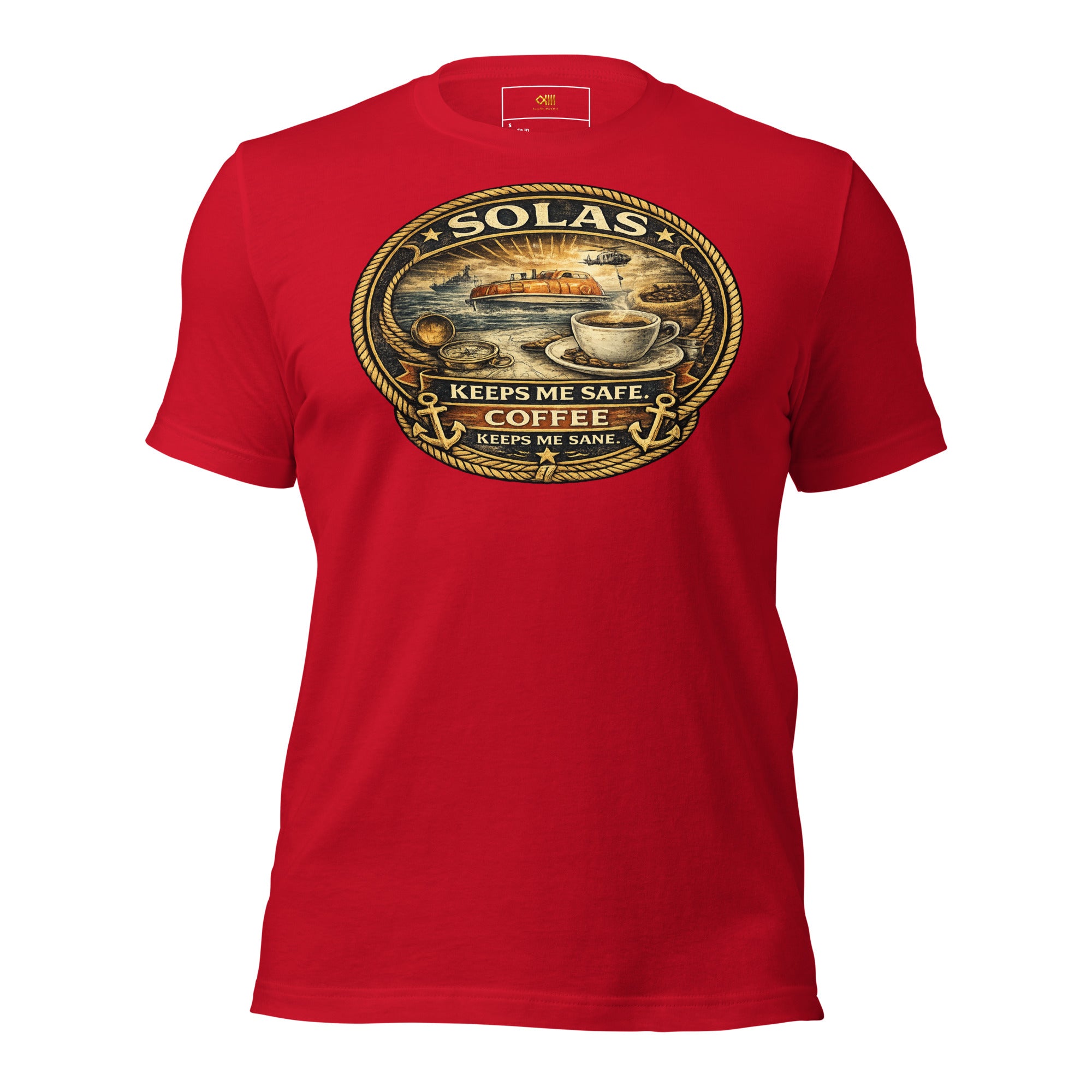 Maritime coffee humor t-shirt with SOLAS safety theme